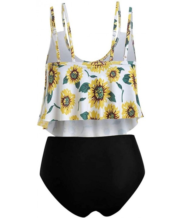 Bathing Suit Two Piece Ruffled Top with High Waisted Bottom Bikini Sets Sunflower Floral Print Tankini Sunflower_black - CA19...