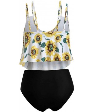 Bathing Suit Two Piece Ruffled Top with High Waisted Bottom Bikini Sets Sunflower Floral Print Tankini Sunflower_black - CA19...