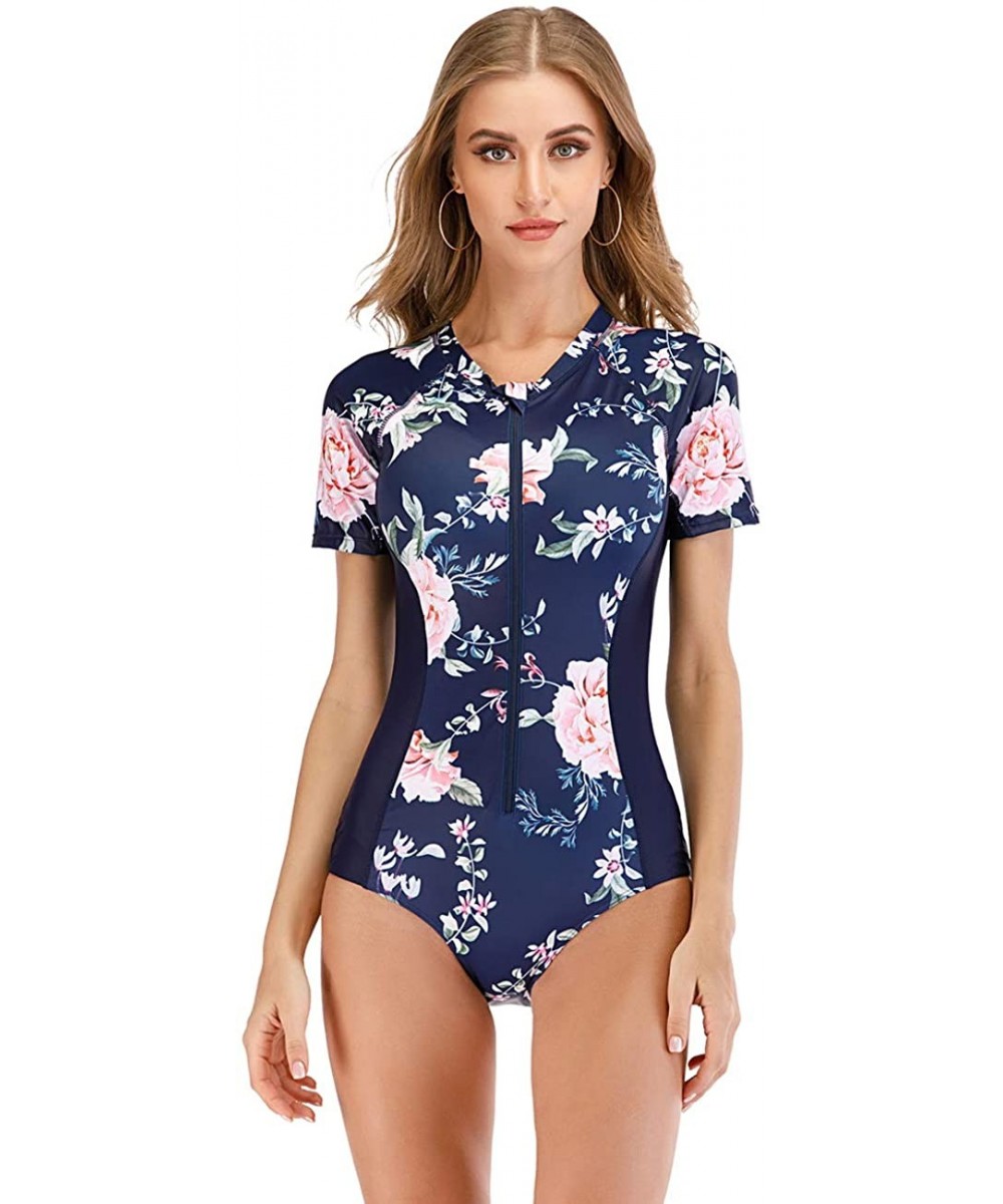 Womens Rashguard Swimsuit Zip Front Print Short Sleeve One Piece Swimwear - 6 Navy Blue - CB190ER8I2O $28.04-One-Pieces