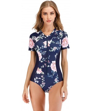 Womens Rashguard Swimsuit Zip Front Print Short Sleeve One Piece Swimwear - 6 Navy Blue - CB190ER8I2O $28.04-One-Pieces