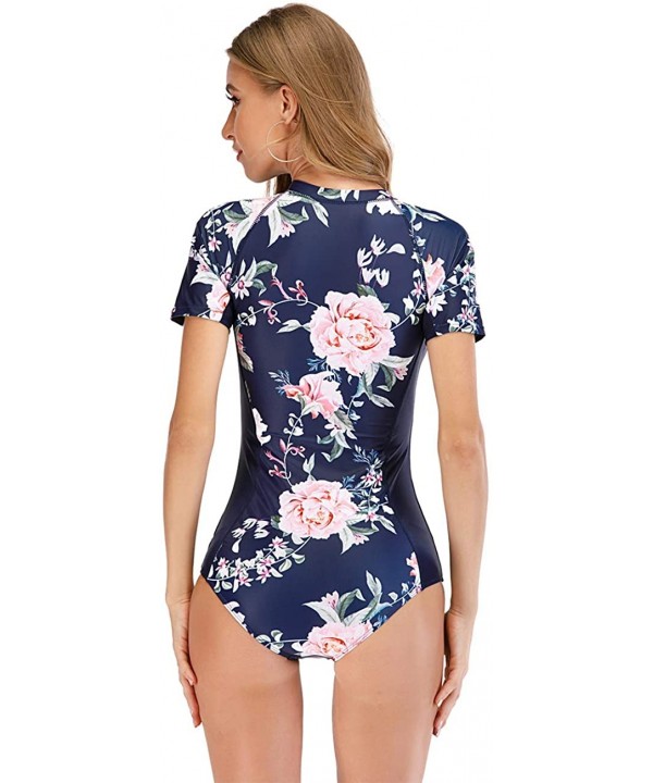 Womens Rashguard Swimsuit Zip Front Print Short Sleeve One Piece Swimwear - 6 Navy Blue - CB190ER8I2O $28.04-One-Pieces