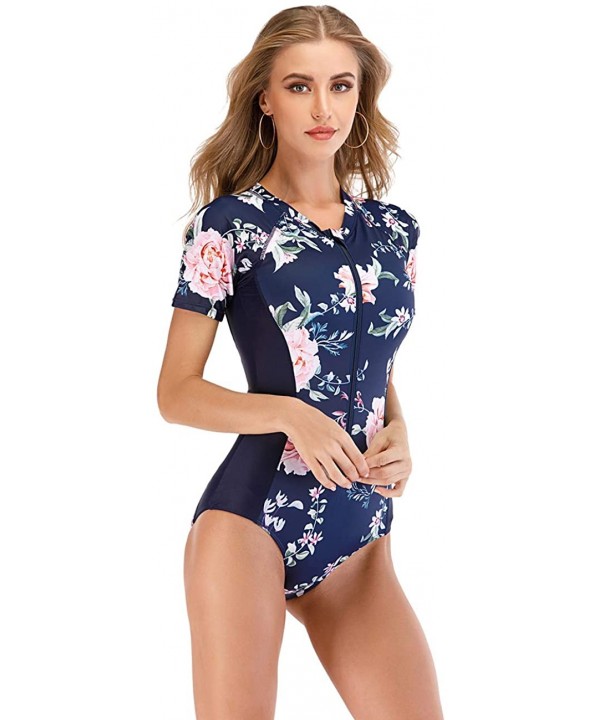 Womens Rashguard Swimsuit Zip Front Print Short Sleeve One Piece Swimwear - 6 Navy Blue - CB190ER8I2O $28.04-One-Pieces