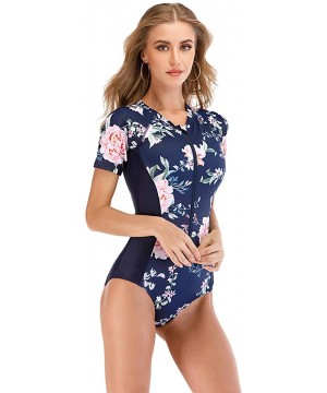 Womens Rashguard Swimsuit Zip Front Print Short Sleeve One Piece Swimwear - 6 Navy Blue - CB190ER8I2O $28.04-One-Pieces