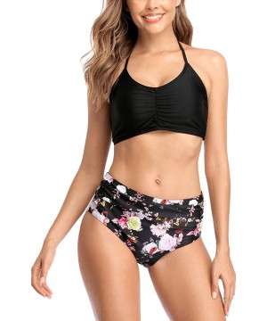 Women's Halter Bikini Swimwear High Neck Two Piece Bikini Swimsuits - Black/High Waist - CM18YA7GYMI $23.23-Sets