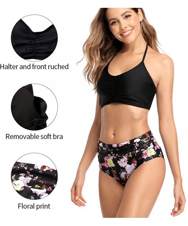 Women's Halter Bikini Swimwear High Neck Two Piece Bikini Swimsuits - Black/High Waist - CM18YA7GYMI $23.23-Sets