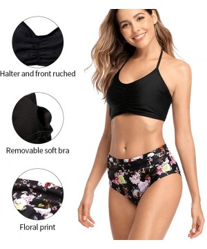 Women's Halter Bikini Swimwear High Neck Two Piece Bikini Swimsuits - Black/High Waist - CM18YA7GYMI $23.23-Sets