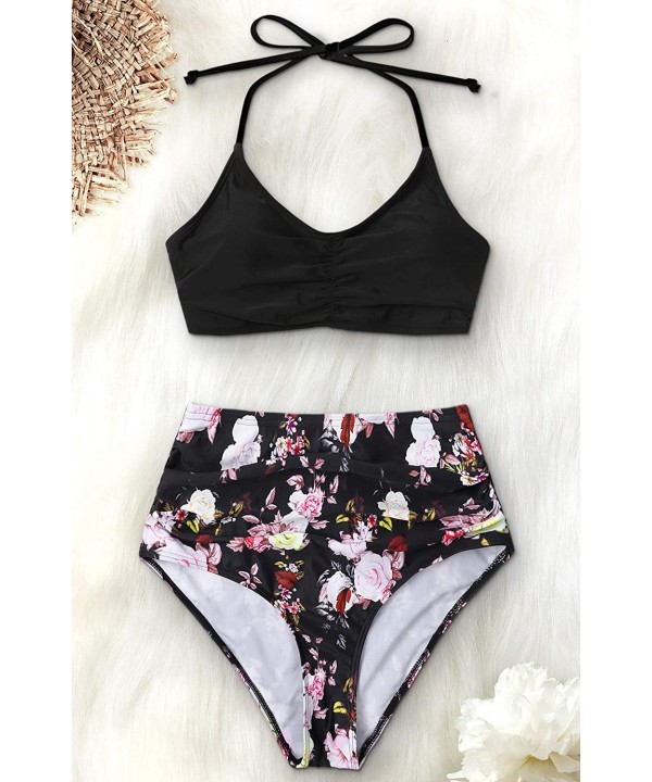 Women's Halter Bikini Swimwear High Neck Two Piece Bikini Swimsuits - Black/High Waist - CM18YA7GYMI $23.23-Sets