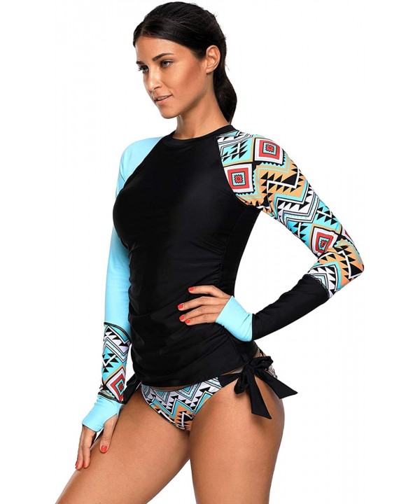 Women Long Sleeve Color Block Print Rash Guard Tankini Swimsuit(S-XXXL) - Blue - CQ18KEULS87 $24.95-Rash Guards