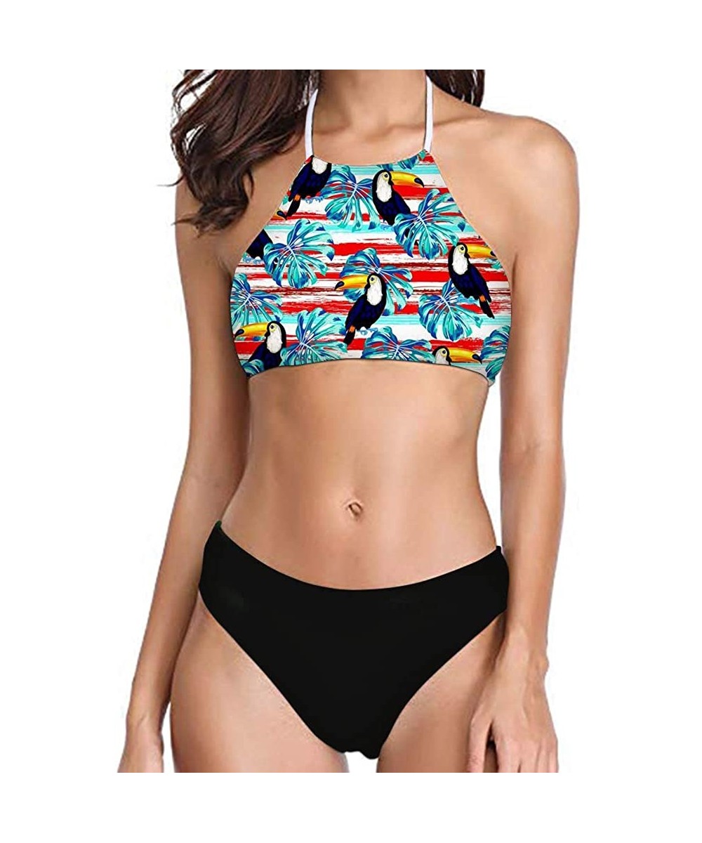 Womens Forest Palm Leaves Sunflower Printing High Neck Halter Bikini Set Swimsuit XS-2XL - Pattern-33 - CK194RYQOY5 $24.64-On...