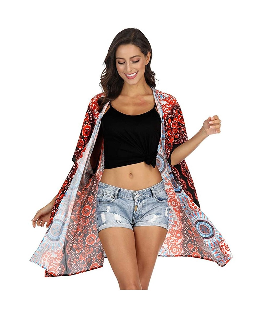 Bathing Suit Cover Up for Women Printed Swimwear Casual Shawl - Red-2 - CY199AI5YZG $21.47-Cover-Ups