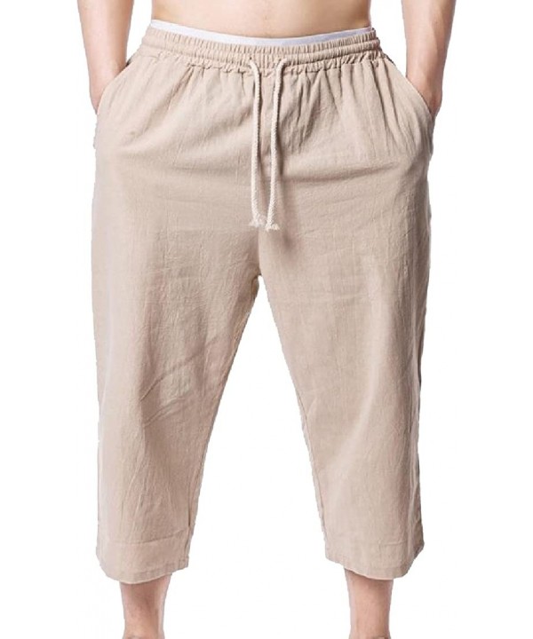 Mens Solid Drawstring 3/4 Length Loose Thin Beach Surf Cropped Pants - Khaki - CY18GI8TTY2 $21.19-Board Shorts