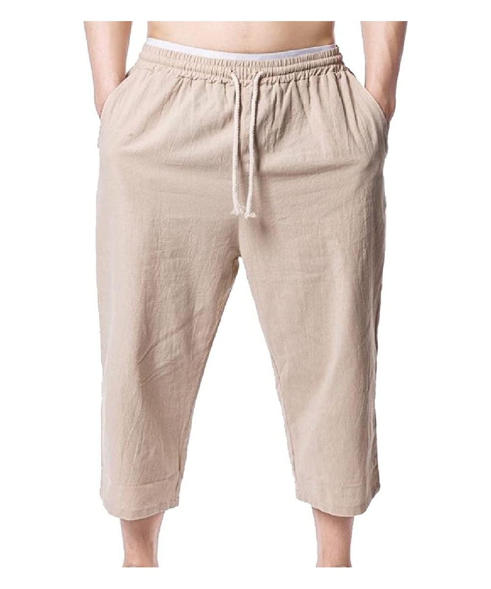 Mens Solid Drawstring 3/4 Length Loose Thin Beach Surf Cropped Pants - Khaki - CY18GI8TTY2 $21.19-Board Shorts