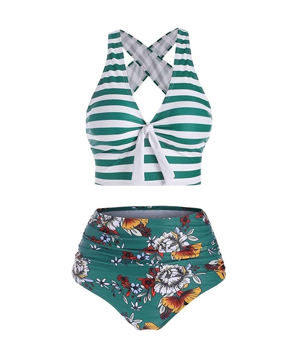 Women's Striped Sunflower Print Push-Up Padded Plus Size Overlay Bikini Swimsuit Beachwear - C Green - CD199XDRAC8 $13.59-Cov...