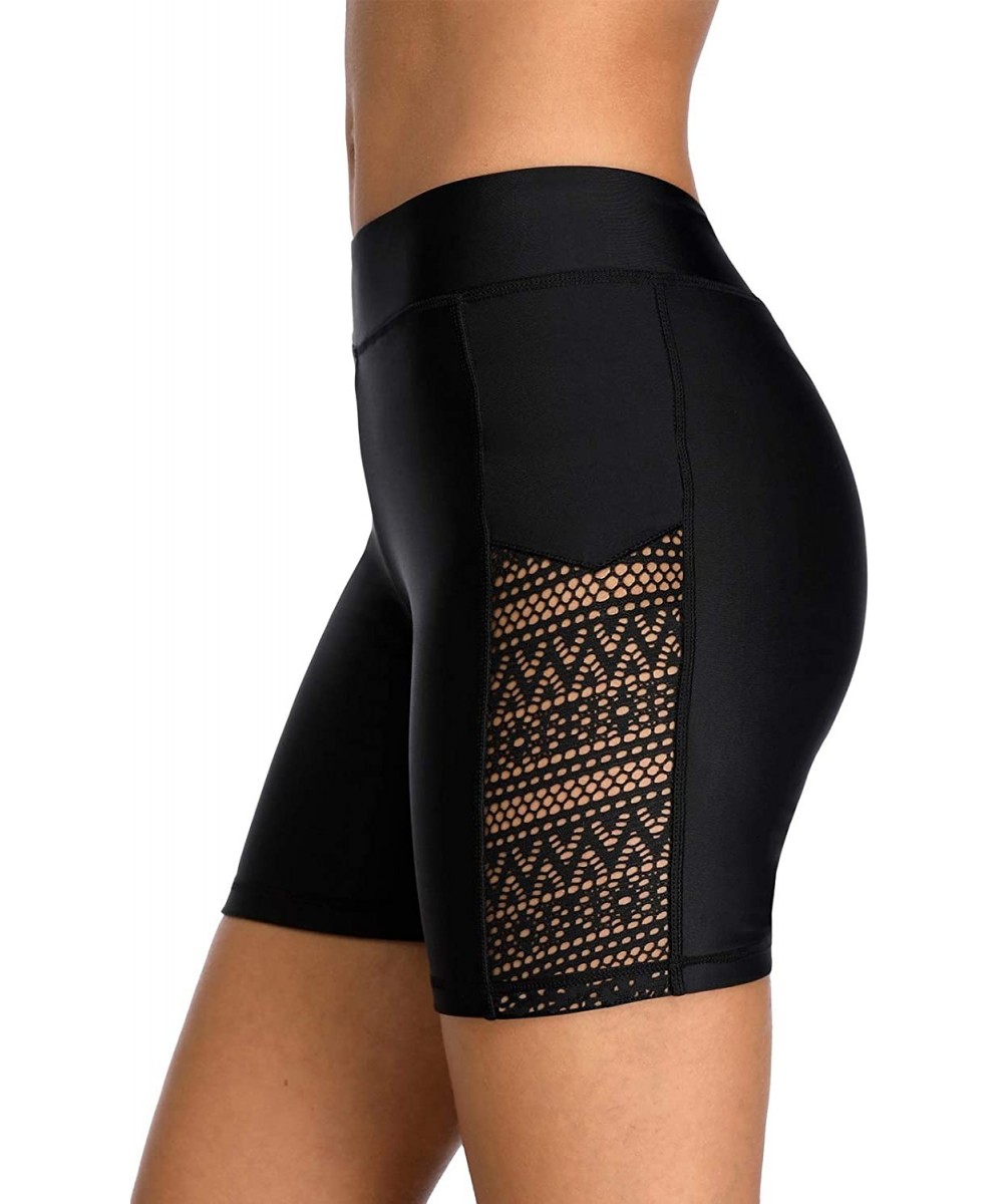 High Waisted Long Swim Shorts for Women UPF 50+ Swim Leggings Black Swim Capri Pants - Side Hollow Out - C719C9DNGTT $14.90-B...