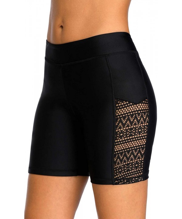 High Waisted Long Swim Shorts for Women UPF 50+ Swim Leggings Black Swim Capri Pants - Side Hollow Out - C719C9DNGTT $14.90-B...