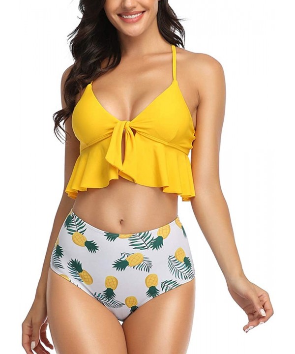 Two Pieces High Waisted Ruffle Bikini Set for Women V Neck Tie Knot Printed Swimwear Bathing Suits - 3 - CE1945U75N7 $8.15-Sets