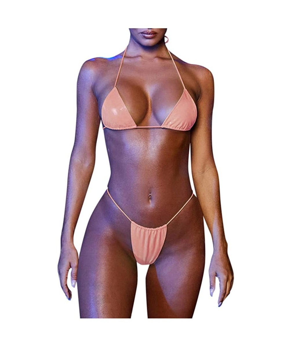 Women's Suspender Patent Leather Three Point Style Bikini Swimsuit Transparent Spaghetti Aiguillette Beachwear Pink - CV193QX...