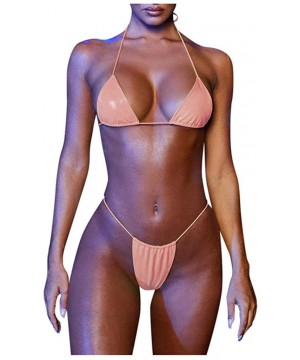 Women's Suspender Patent Leather Three Point Style Bikini Swimsuit Transparent Spaghetti Aiguillette Beachwear Pink - CV193QX...