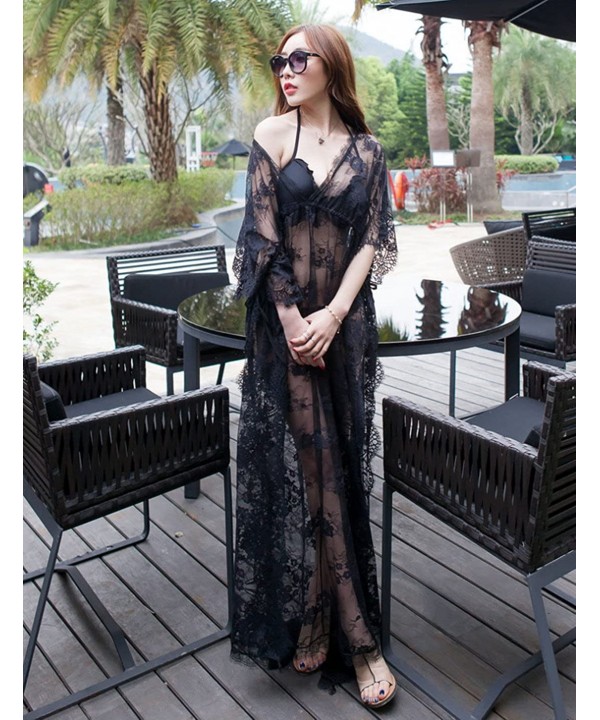 Fashion Sexy Swimsuit Cover Up Floral Lace Long Beach Dress Beachwear - Black(style B) - CV18DIDMNOX $21.11-Cover-Ups