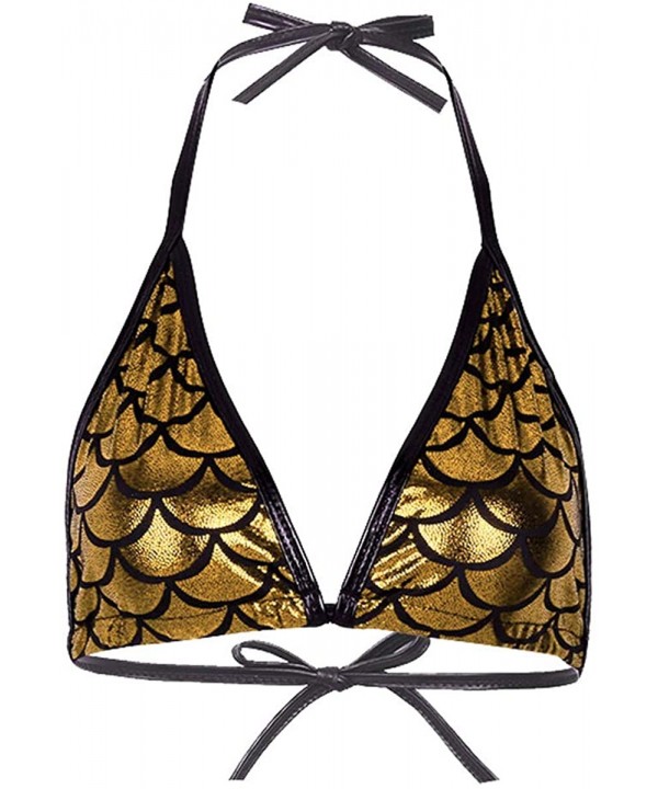 Women Shiny Mermaid Fish Scale Printing Tie Up Bikini Halter Bralette Bra Swimsuit Top - Gold - CG18UXGEALK $18.96-Tops