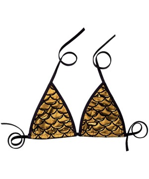 Women Shiny Mermaid Fish Scale Printing Tie Up Bikini Halter Bralette Bra Swimsuit Top - Gold - CG18UXGEALK $18.96-Tops