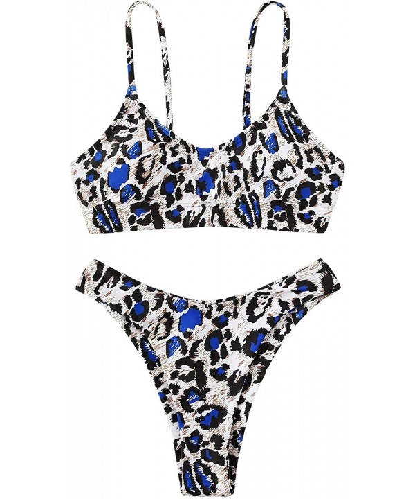 Women's Bathing Suits Spaghetti Strap Leopard Print Thong Bikini Swimwear Set - Blue - C018QAY677R $16.09-Sets