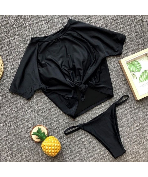 Women Rash Guard Thong Bikini High Waist 2 Piece Sporty Bathing Suits - Black - CA18QT2WKUM $18.55-Sets