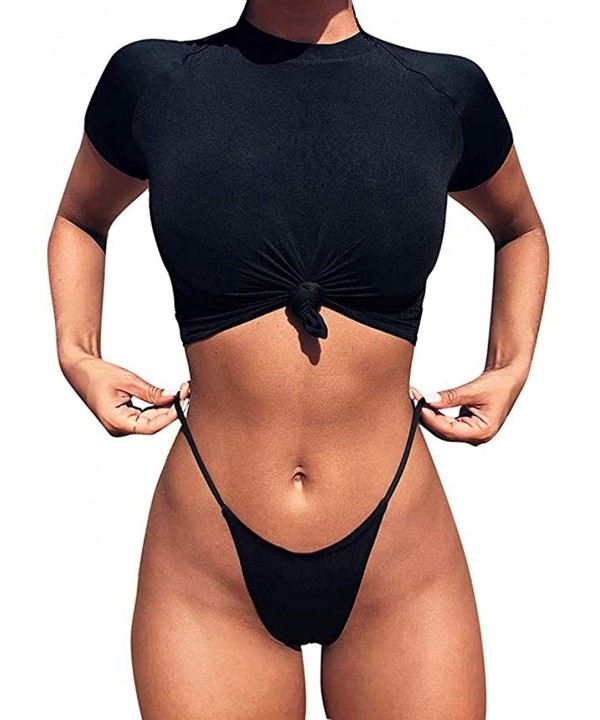 Women Rash Guard Thong Bikini High Waist 2 Piece Sporty Bathing Suits - Black - CA18QT2WKUM $18.55-Sets