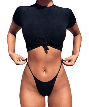 Women Rash Guard Thong Bikini High Waist 2 Piece Sporty Bathing Suits - Black - CA18QT2WKUM $18.55-Sets