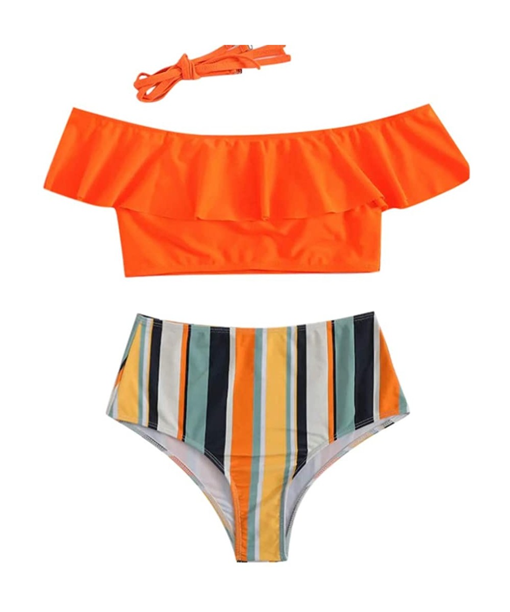 Women's Two Piece Bikini High Waisted Solid and Striped Swimwear Ruffle Bikini Top Tube Top Bikini - Orange - C318SMRT70E $10...