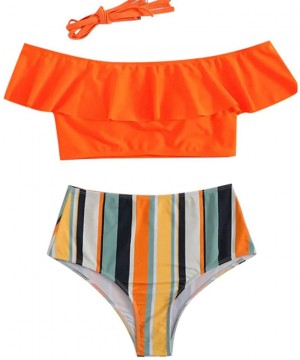 Women's Two Piece Bikini High Waisted Solid and Striped Swimwear Ruffle Bikini Top Tube Top Bikini - Orange - C318SMRT70E $10...