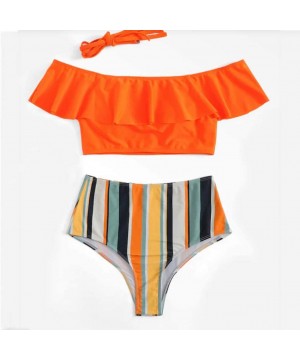 Women's Two Piece Bikini High Waisted Solid and Striped Swimwear Ruffle Bikini Top Tube Top Bikini - Orange - C318SMRT70E $10...