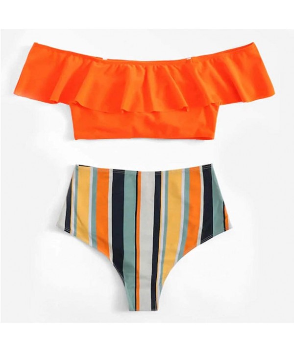 Women's Two Piece Bikini High Waisted Solid and Striped Swimwear Ruffle Bikini Top Tube Top Bikini - Orange - C318SMRT70E $10...