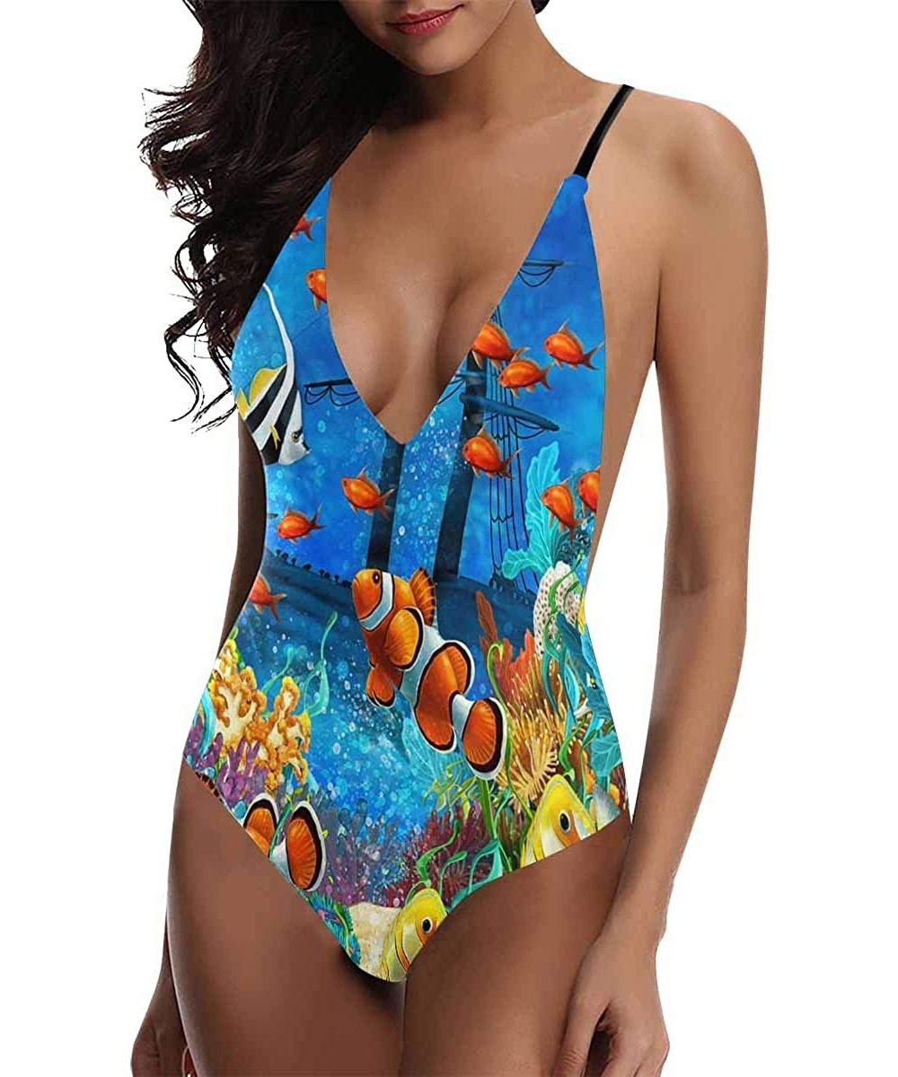 Sea Turtle Dolphin Sea Life V-Neck Women Lacing Backless One-Piece Swimsuit Bathing Suit XS-3XL - Design 17 - CU18S5LAXO4 $34...