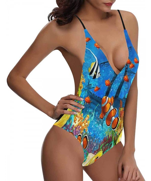 Sea Turtle Dolphin Sea Life V-Neck Women Lacing Backless One-Piece Swimsuit Bathing Suit XS-3XL - Design 17 - CU18S5LAXO4 $34...