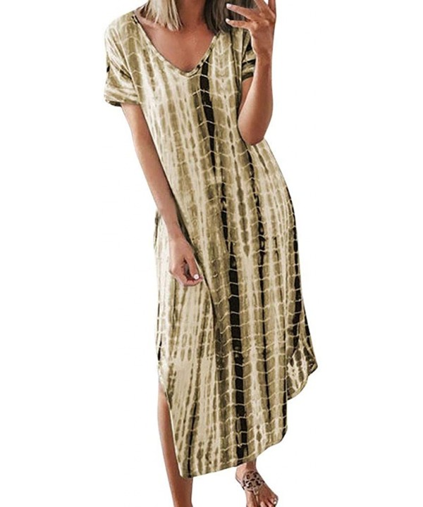 Women's Summer Maxi Dress Casual Loose Long Dress Plus Size V-Neck Short Sleeve Split Dresses - Gold - CG18UX8C38L $20.19-Cov...