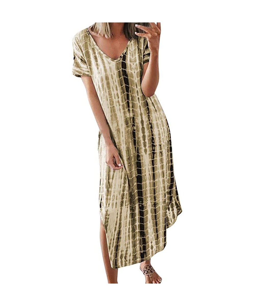 Women's Summer Maxi Dress Casual Loose Long Dress Plus Size V-Neck Short Sleeve Split Dresses - Gold - CG18UX8C38L $20.19-Cov...