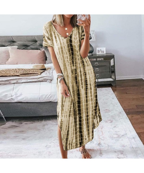 Women's Summer Maxi Dress Casual Loose Long Dress Plus Size V-Neck Short Sleeve Split Dresses - Gold - CG18UX8C38L $20.19-Cov...