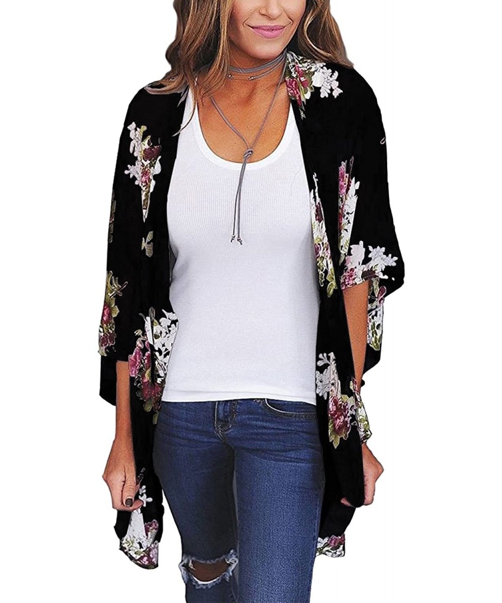 Women's Sheer Chiffon Summer Blouse Tops Kimono Cardigan Floral Casual Loose Cover Ups Swimwear - Black - C918T99WGUH $13.15-...