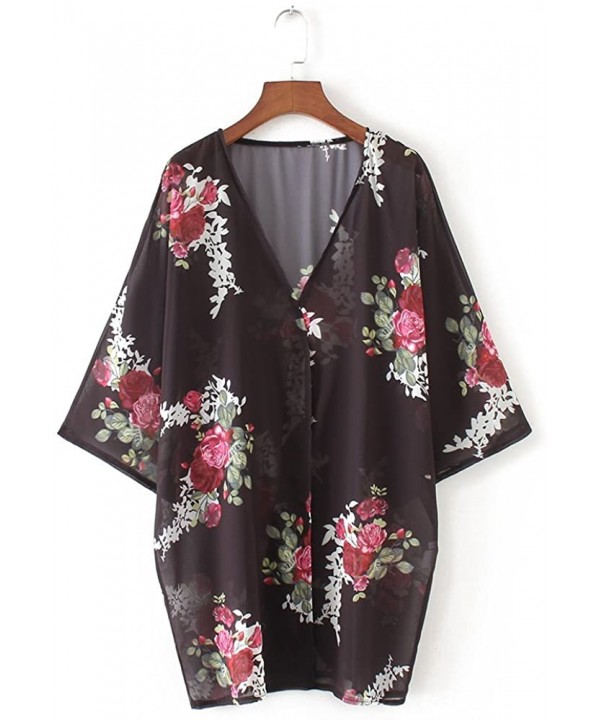 Women's Sheer Chiffon Summer Blouse Tops Kimono Cardigan Floral Casual Loose Cover Ups Swimwear - Black - C918T99WGUH $13.15-...