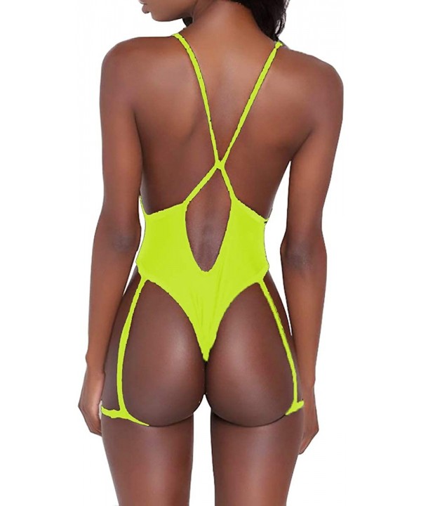 Women's Deep V Neck Sexy Garter Belt Bikini Spaghetti Straps Cross On Back One Piece Swimsuits - Neon Yellow - CW18TE82SMY $1...