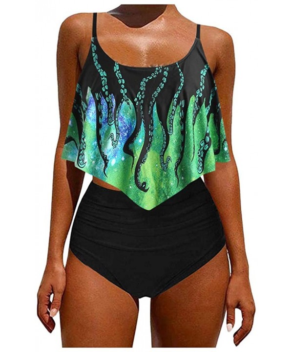 Mermaid Print Tankini Swimsuits High Waisted Swim Bottom with Ruffle Bandeau Top Beach Bikini Gradient Swimwear Xmint - CJ199...