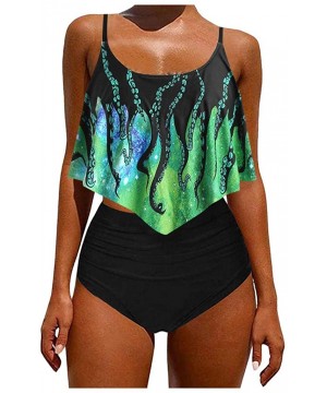 Mermaid Print Tankini Swimsuits High Waisted Swim Bottom with Ruffle Bandeau Top Beach Bikini Gradient Swimwear Xmint - CJ199...