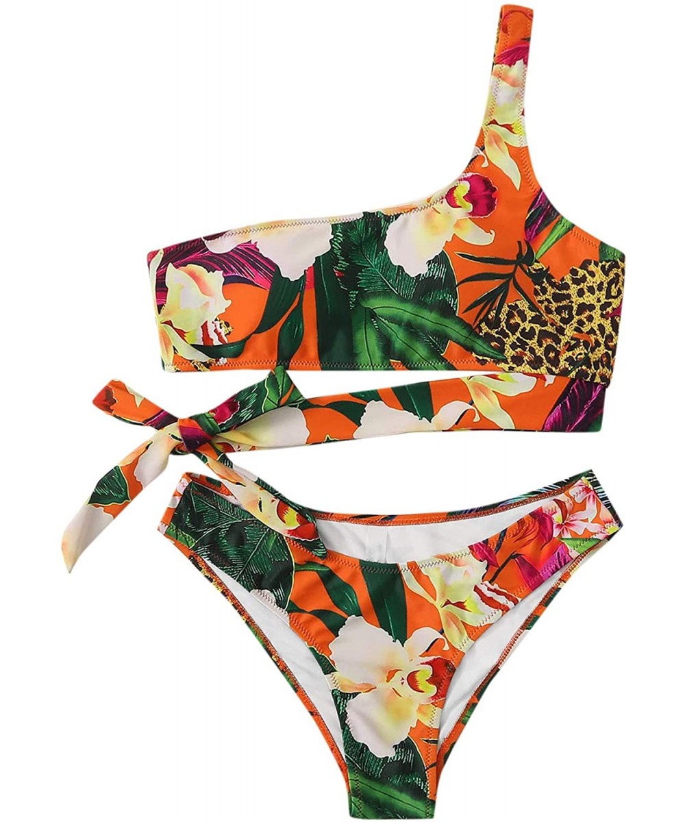 Women's 2 Pieces Mesh One Shoulder Top with High Waist Bikini Set - 11-multicolor - CM194K2IQ84 $14.86-Sets