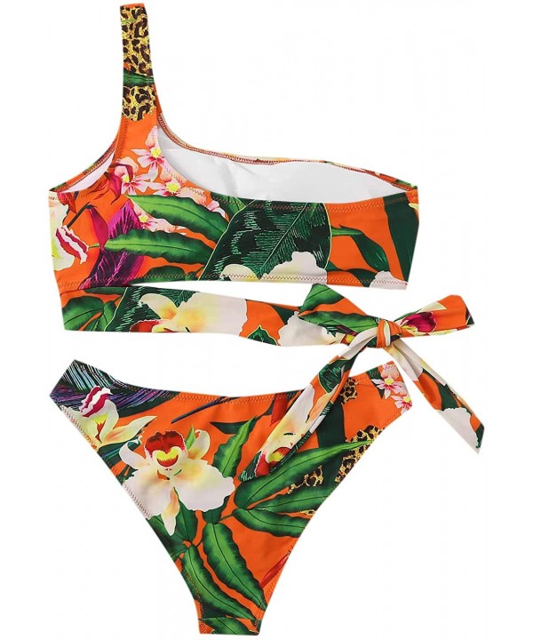 Women's 2 Pieces Mesh One Shoulder Top with High Waist Bikini Set - 11-multicolor - CM194K2IQ84 $14.86-Sets