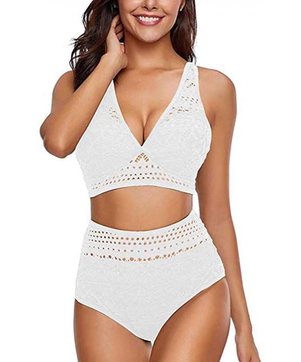 Women's Split Swimsuit Ladies V Neck High Waist Crochet Lace Push Up Bathing Swimwear Suits Two Pieces - White - CJ193ZDHDK6 ...