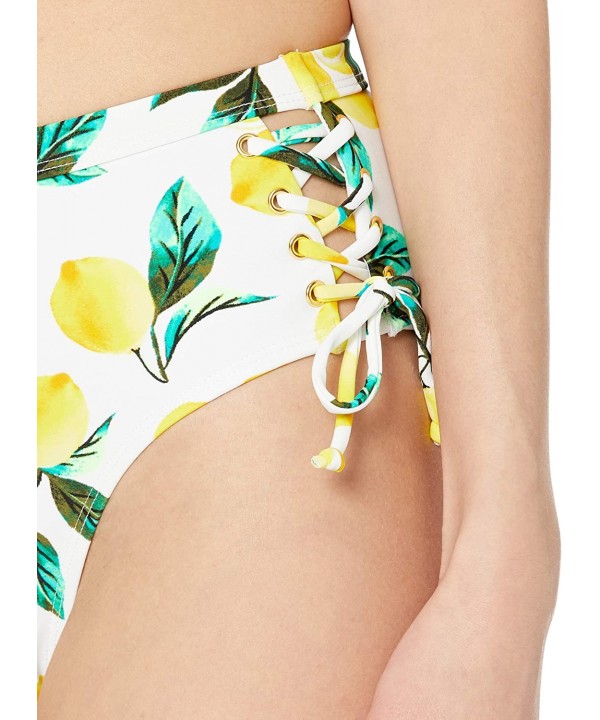 Women's High Waist Lace Up Bikini Swim Bottom - Lemon Print - CL18KHGSAAR $10.37-Bottoms