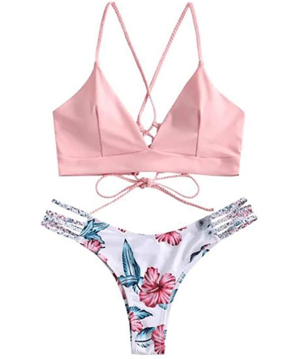 Foral Lace Up Bikini Set for Women Adjustable Back Criss-Cross Braided Strap Two Piece Swimsuits - Pink - C6194A5Z292 $20.13-...