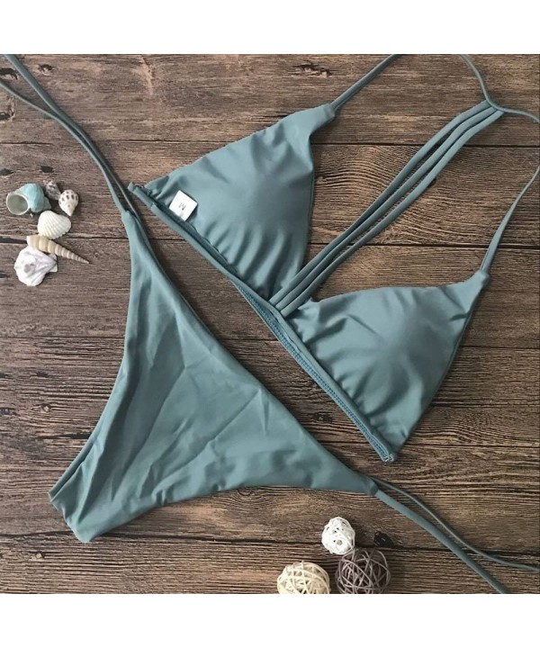 Women's Two Piece Solid String Bikini Set Halter Top with Tie Side Bottom Thong Bathing Suits - Green - CC194N5CO0T $8.51-Sets