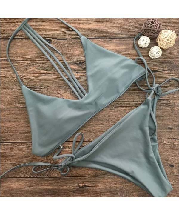 Women's Two Piece Solid String Bikini Set Halter Top with Tie Side Bottom Thong Bathing Suits - Green - CC194N5CO0T $8.51-Sets